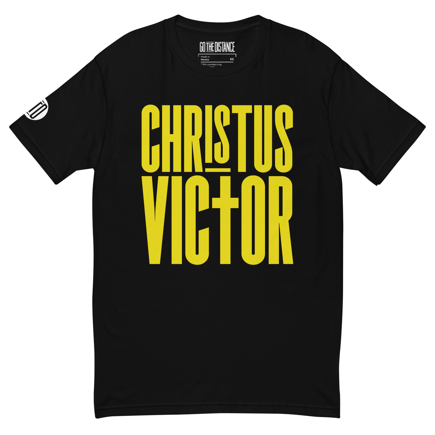 Christus Victor Athletic Fit T-Shirt | Front view, black color – Bold Christian Faith Apparel