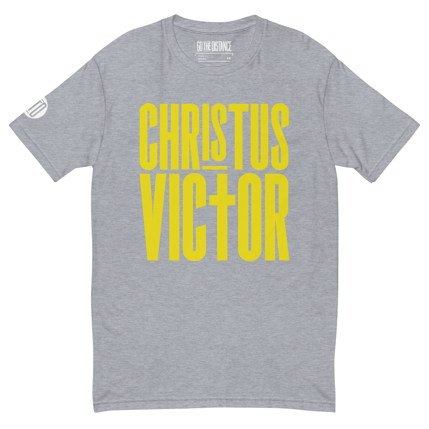 Christus Victor Athletic Fit T-Shirt | Front view, heather grey color – Bold Christian Faith Apparel