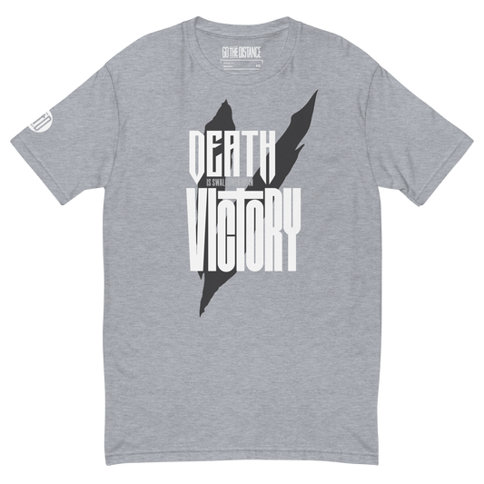 Death Is Swallowed Up In Victory T-Shirt | Front view, heather grey color – Inspirational & Faith-Based Apparel