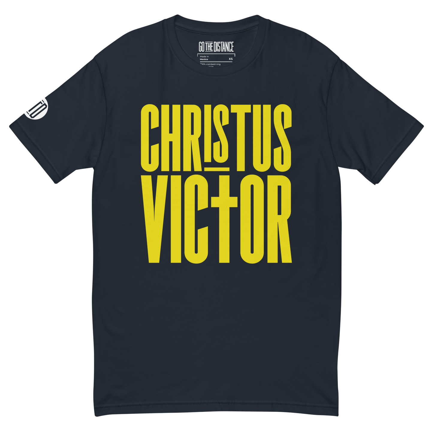 Christus Victor Athletic Fit T-Shirt | Front view, midnight navy blue color – Bold Christian Faith Apparel