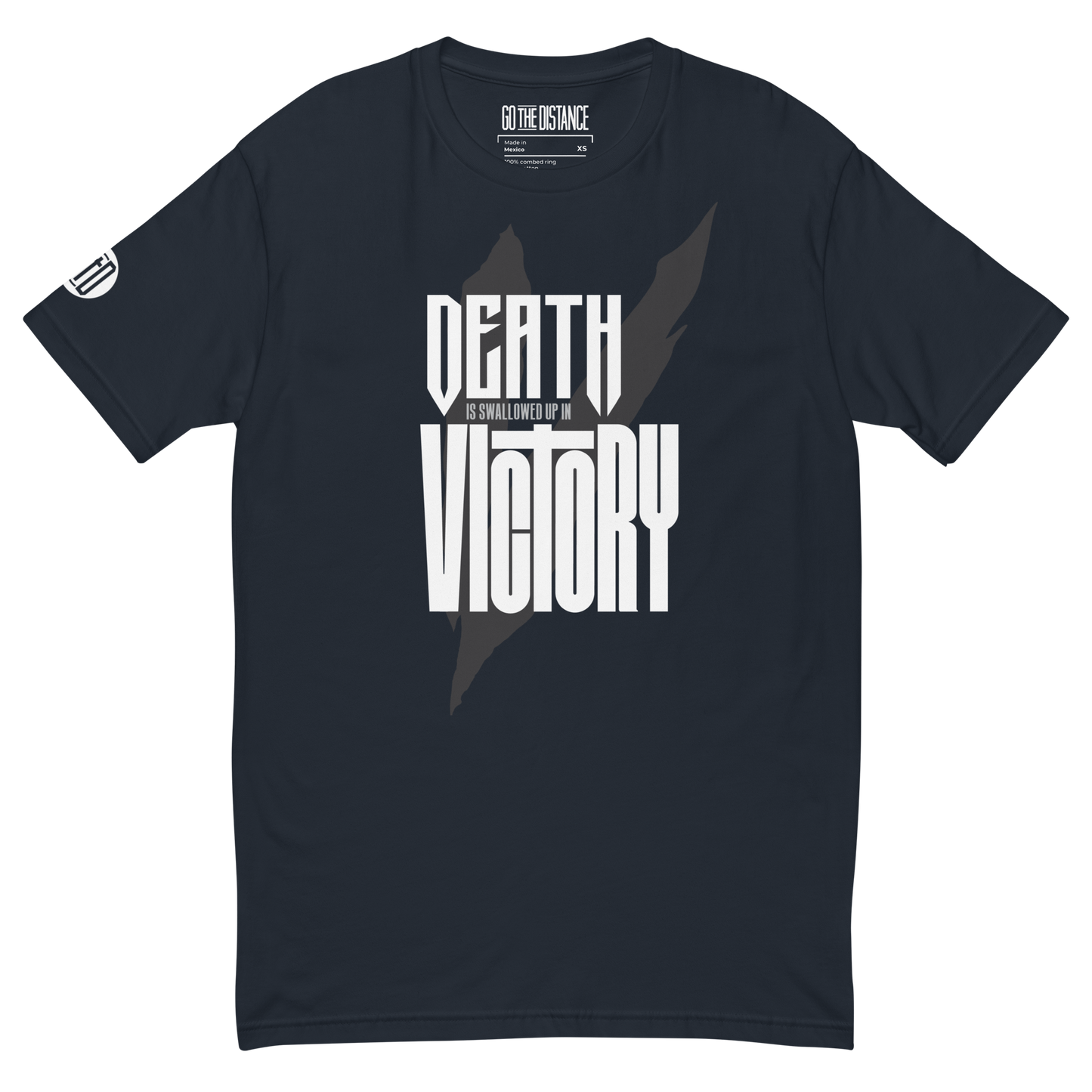 Death Is Swallowed Up In Victory T-Shirt | Front view, navy blue color – Inspirational & Faith-Based Apparel