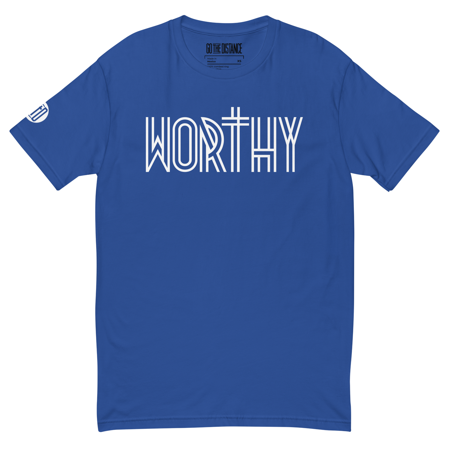 Worthy T-Shirt | Front view, blue color – Inspirational & Faith-Based Apparel