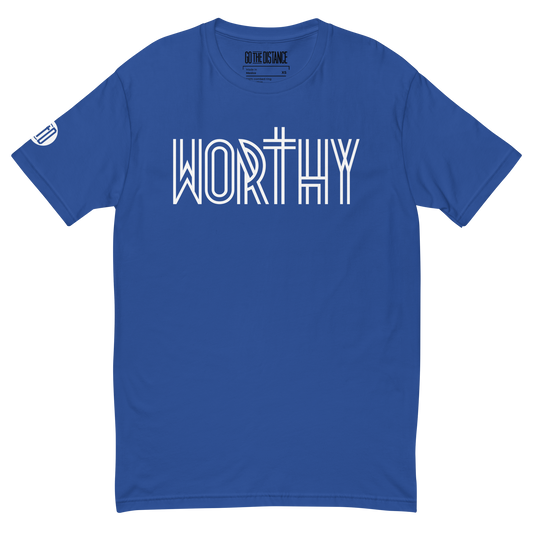 Worthy T-Shirt | Front view, blue color – Inspirational & Faith-Based Apparel