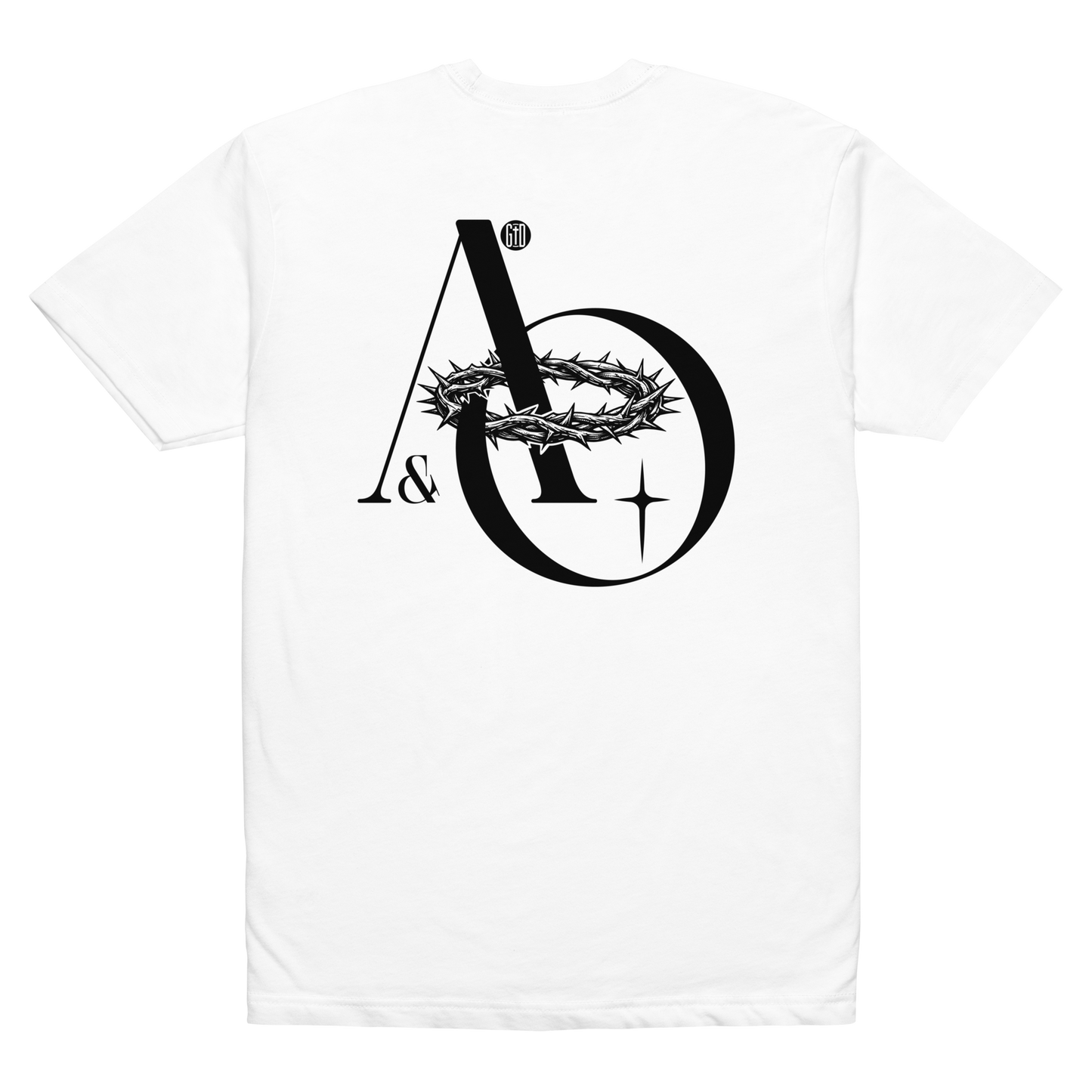 Alpha and Omega tee white - Back View - Christ from beginning to end, soft 60/40 cotton-poly blend