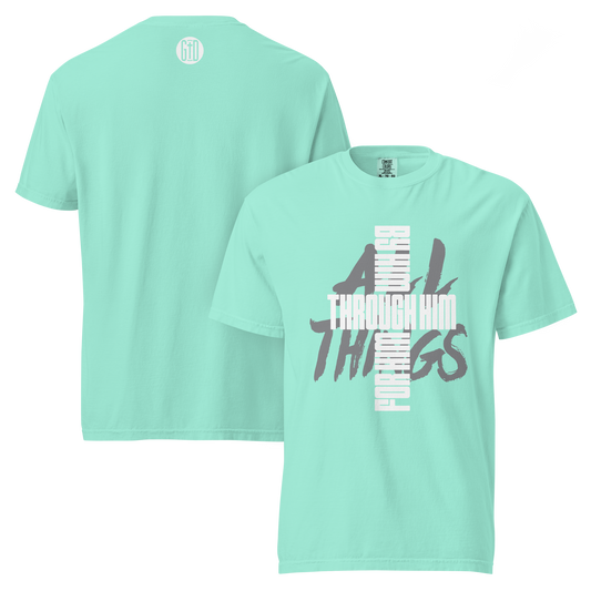 All Things tee chalky mint front & back - Christ reconciles all, garment-dyed cotton