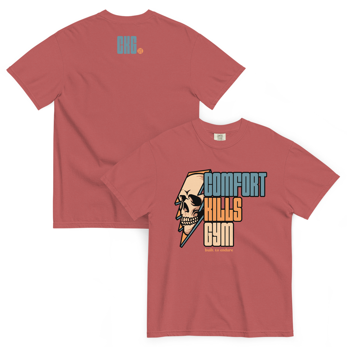 Perseverance Strikes (crimson tee) — skull inside lightning bolt, bold block lettering graphic