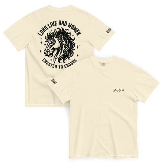 Long Live Rad Women Stallion tee ivory front & back - women who endure with grit, relaxed fit cotton