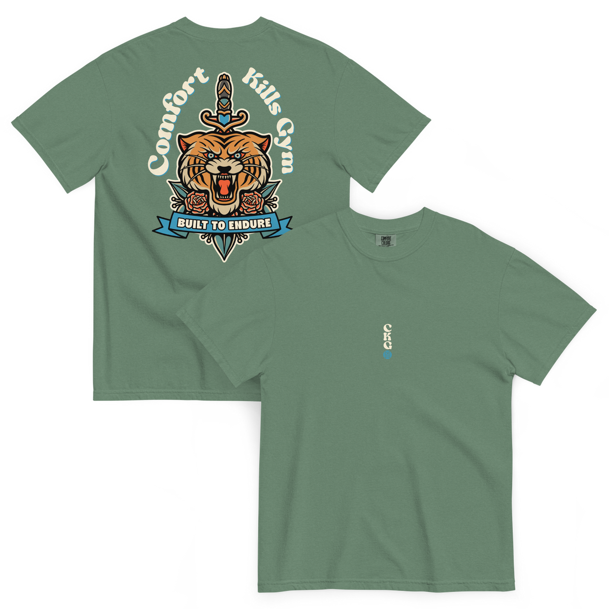 Fierce and Fearless (green tee) — roaring tiger with dagger and roses, tattoo-style graphic