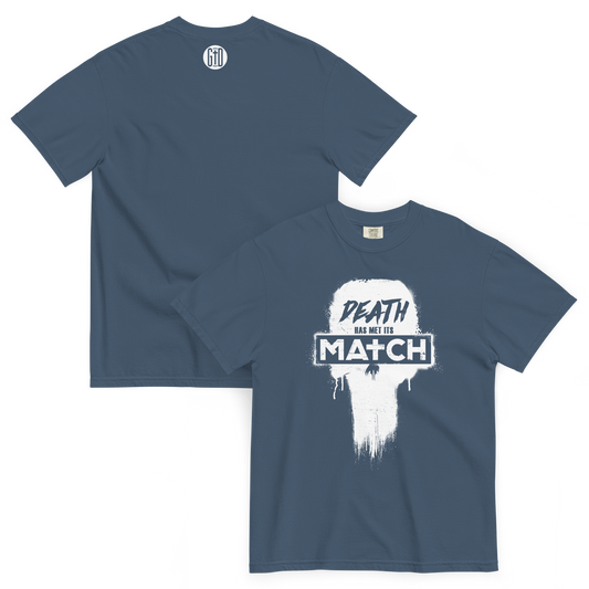Death's Match T-Shirt | Front and back view, midnight blue color – Inspirational & Faith-Based Apparel