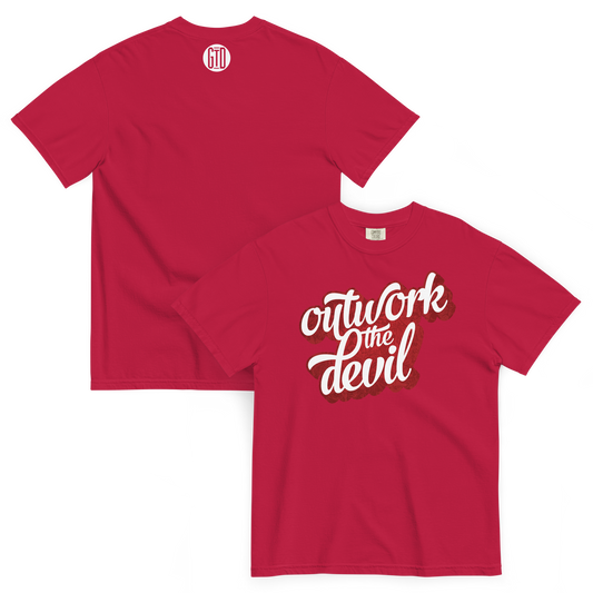 Outwork the Devil T-Shirt | Front and back view, red color – Inspirational & Faith-Based Apparel