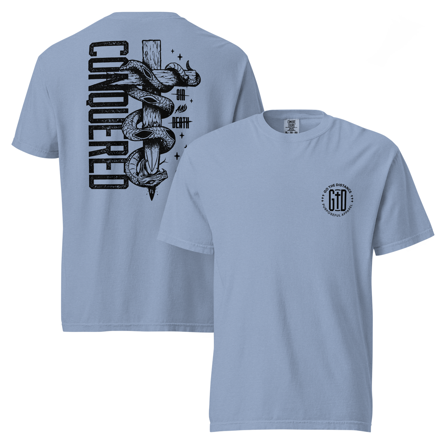 Conquered tee denim blue front & back - Christ's victory, sin defeated, death disarmed