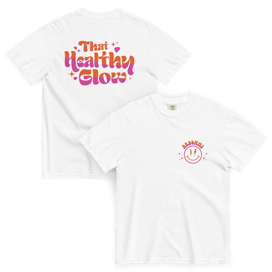 That Healthy Glow Relaxed Fit T-Shirt | Front and back view, white color – Premium Cotton Wellness Apparel