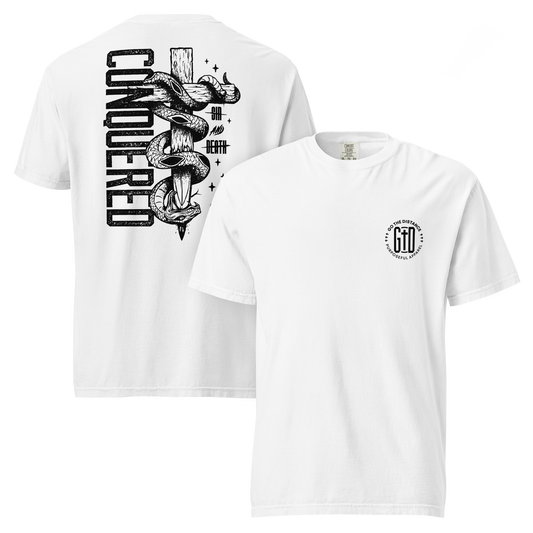 Conquered tee white front & back - Christ's victory, sin defeated, death disarmed