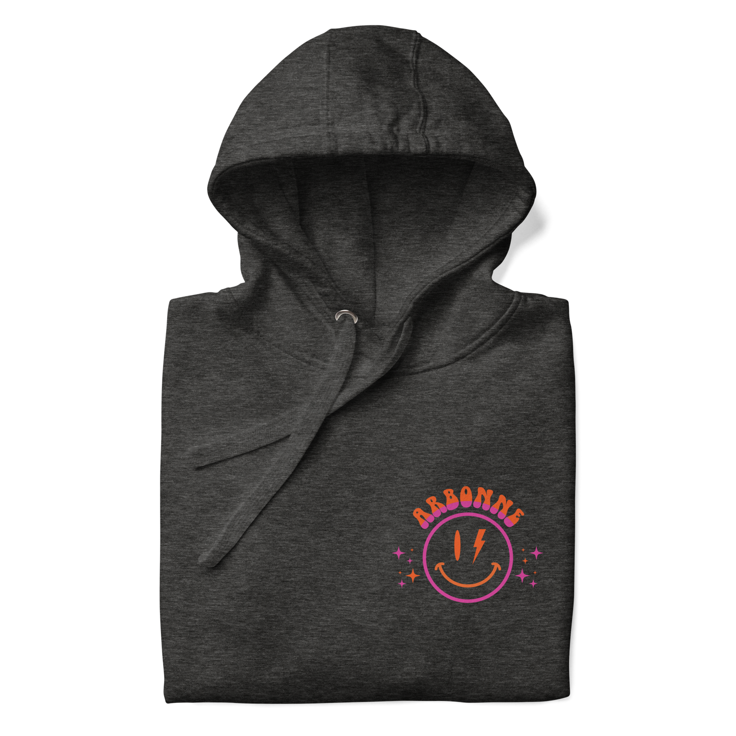 That Healthy Glow Premium Hoodie | Front folded view, dark heather gray color – Premium Cotton Wellness Apparel