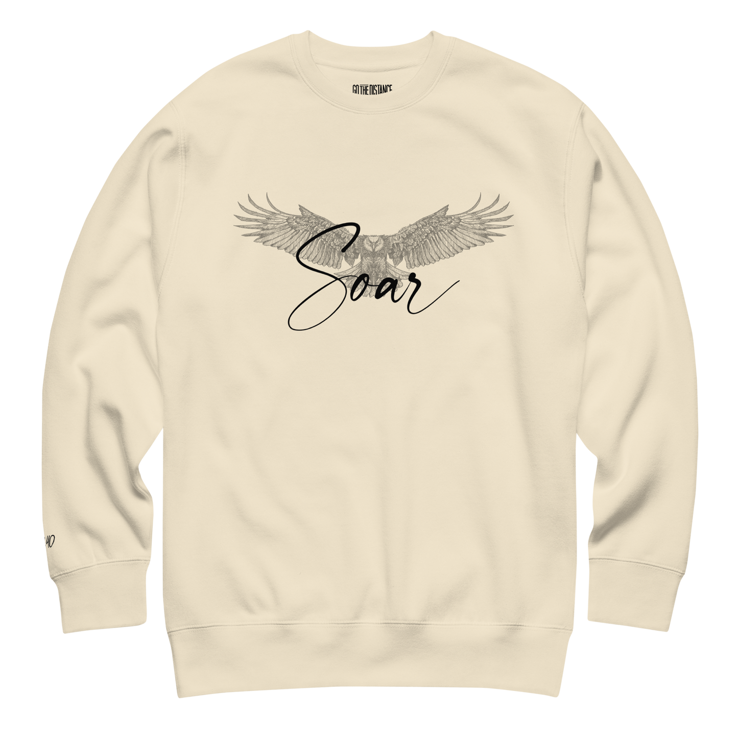 Soar Premium Crewneck Sweatshirt | Front view, beige cream color – Soft Fleece Motivational Apparel