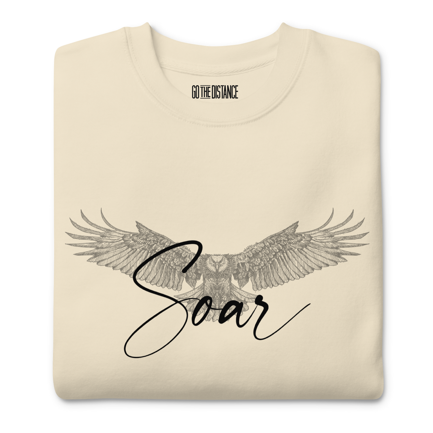 Soar Premium Crewneck Sweatshirt | Front close up view, beige cream color – Soft Fleece Motivational Apparel