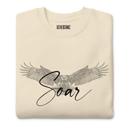 Soar Premium Crewneck Sweatshirt | Front close up view, beige cream color – Soft Fleece Motivational Apparel