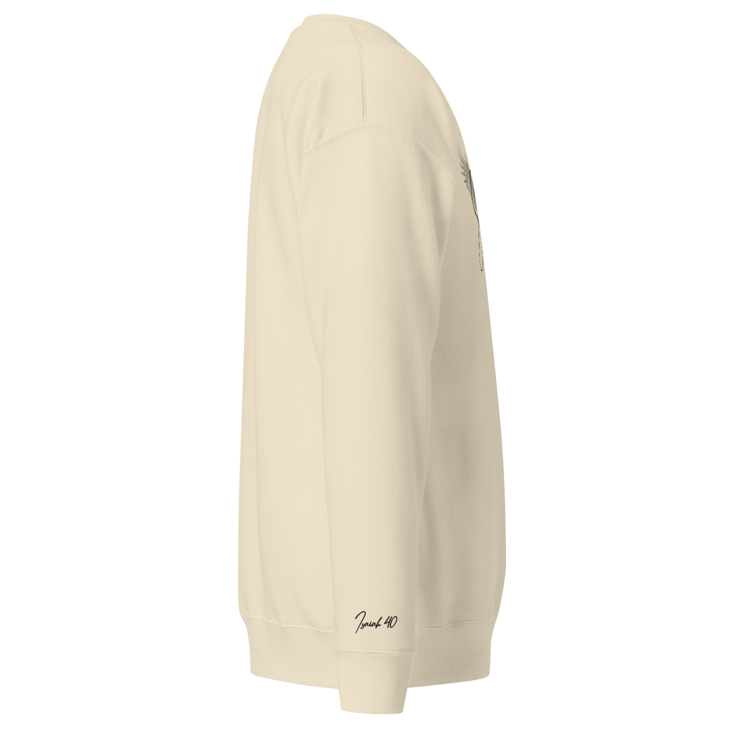 Soar Premium Crewneck Sweatshirt | Side right sleeve view, beige cream color – Soft Fleece Motivational Apparel