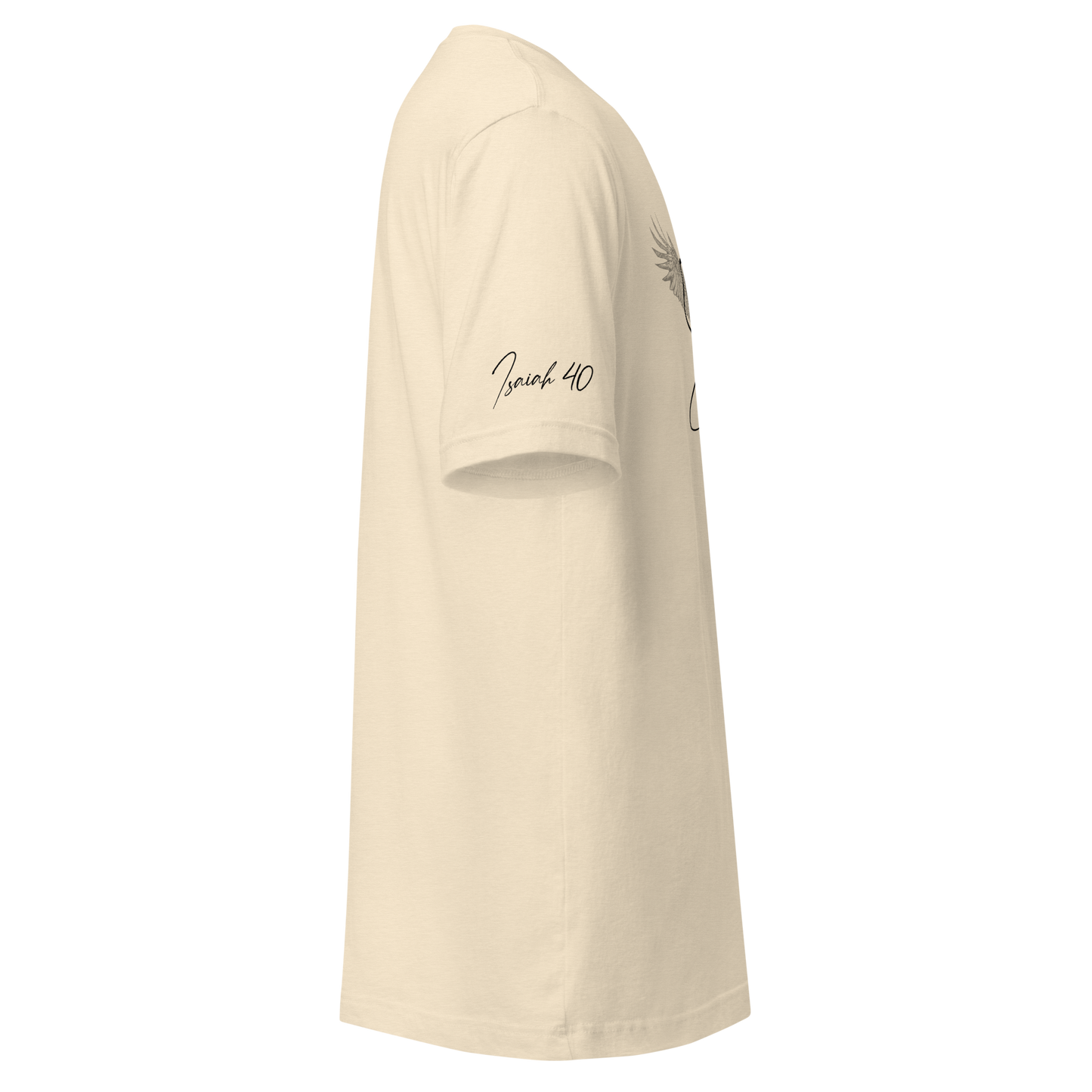 Soar Lightweight Short Sleeve T-Shirt | Side right sleeve view, beige cream color – Soft Comfortable Motivational Apparel