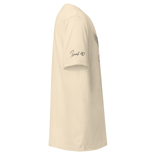 Soar Lightweight Short Sleeve T-Shirt | Side right sleeve view, beige cream color – Soft Comfortable Motivational Apparel