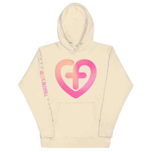 Love Starts Here Premium Hoodie | Front view, beige cream color – Love & Faith-Based Apparel