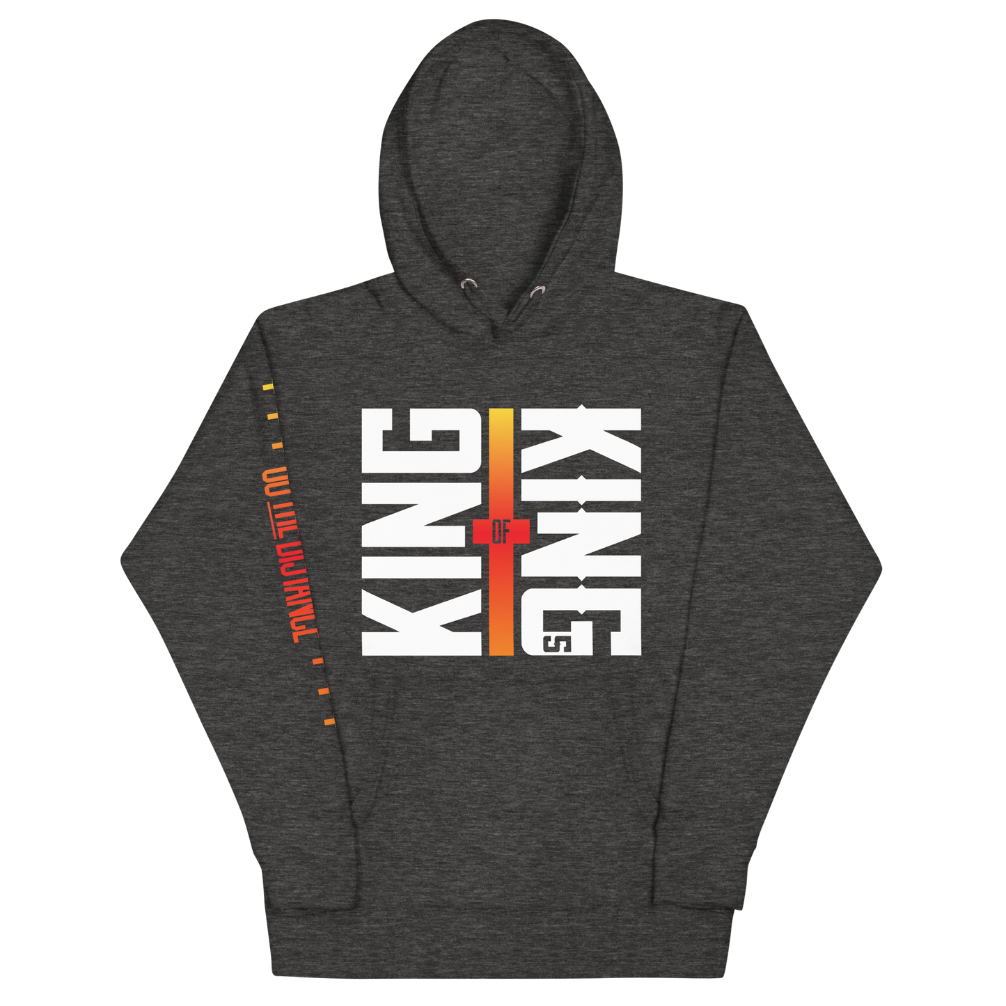 King of Kings Premium Hoodie | Front view, dark charcoal heather grey color – Inspirational & Faith-Based Apparel