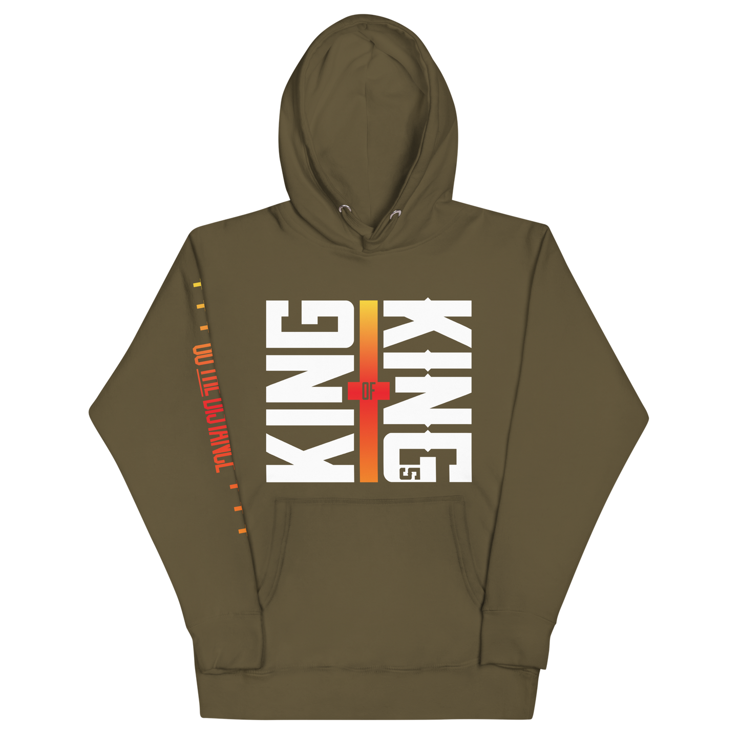 King of Kings Premium Hoodie | Front view, military green color – Inspirational & Faith-Based Apparel