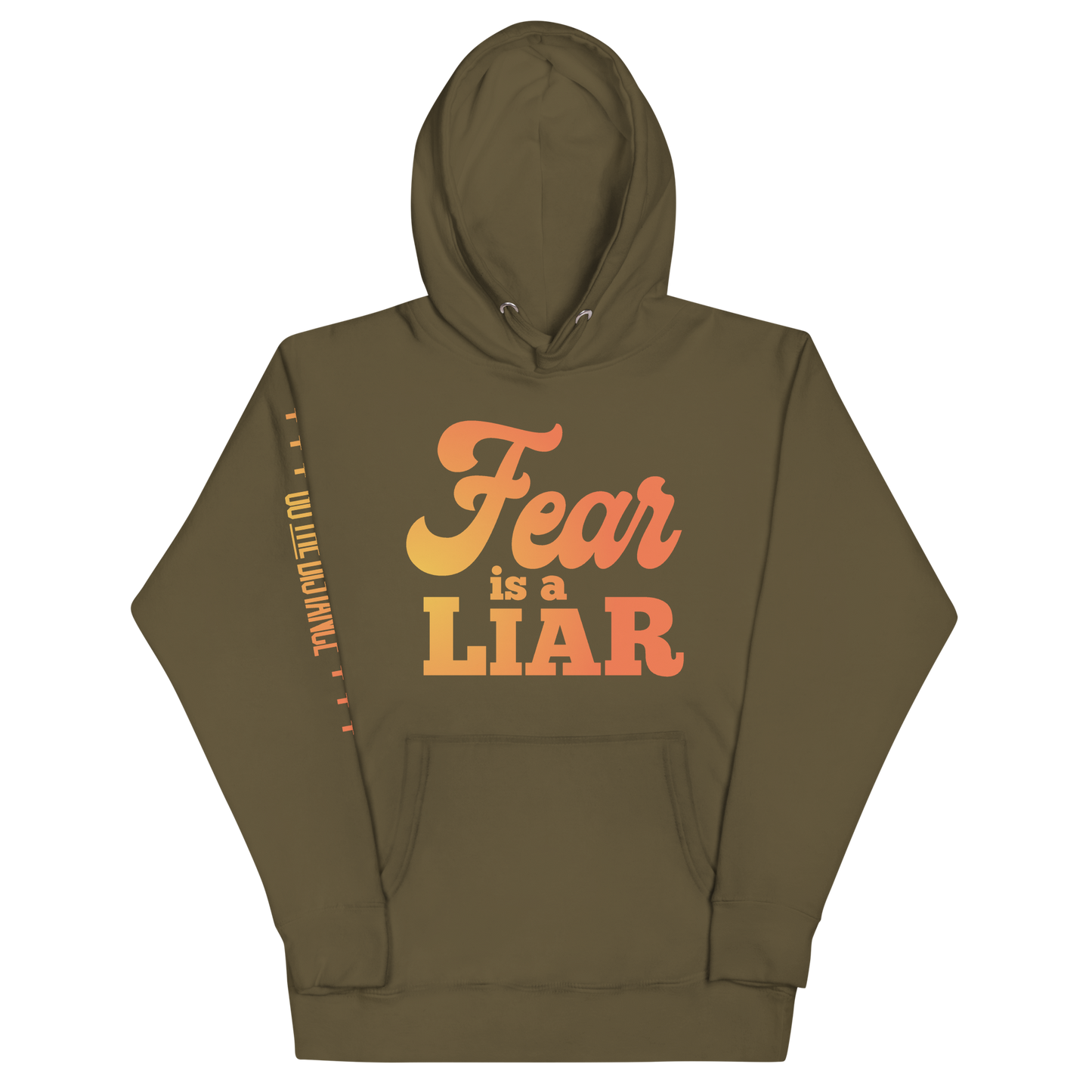 Fear Is A Liar Premium Hoodie | Front view, military green color – Inspirational & Faith-Based Apparel