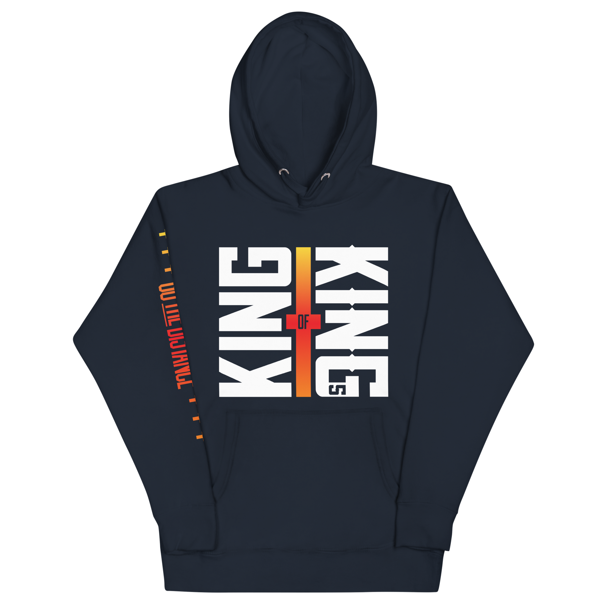 King of Kings Premium Hoodie | Front view, navy blue color – Inspirational & Faith-Based Apparel