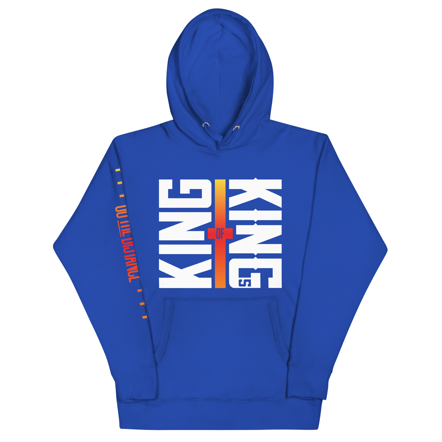King of Kings Premium Hoodie | Front view, blue color – Inspirational & Faith-Based Apparel