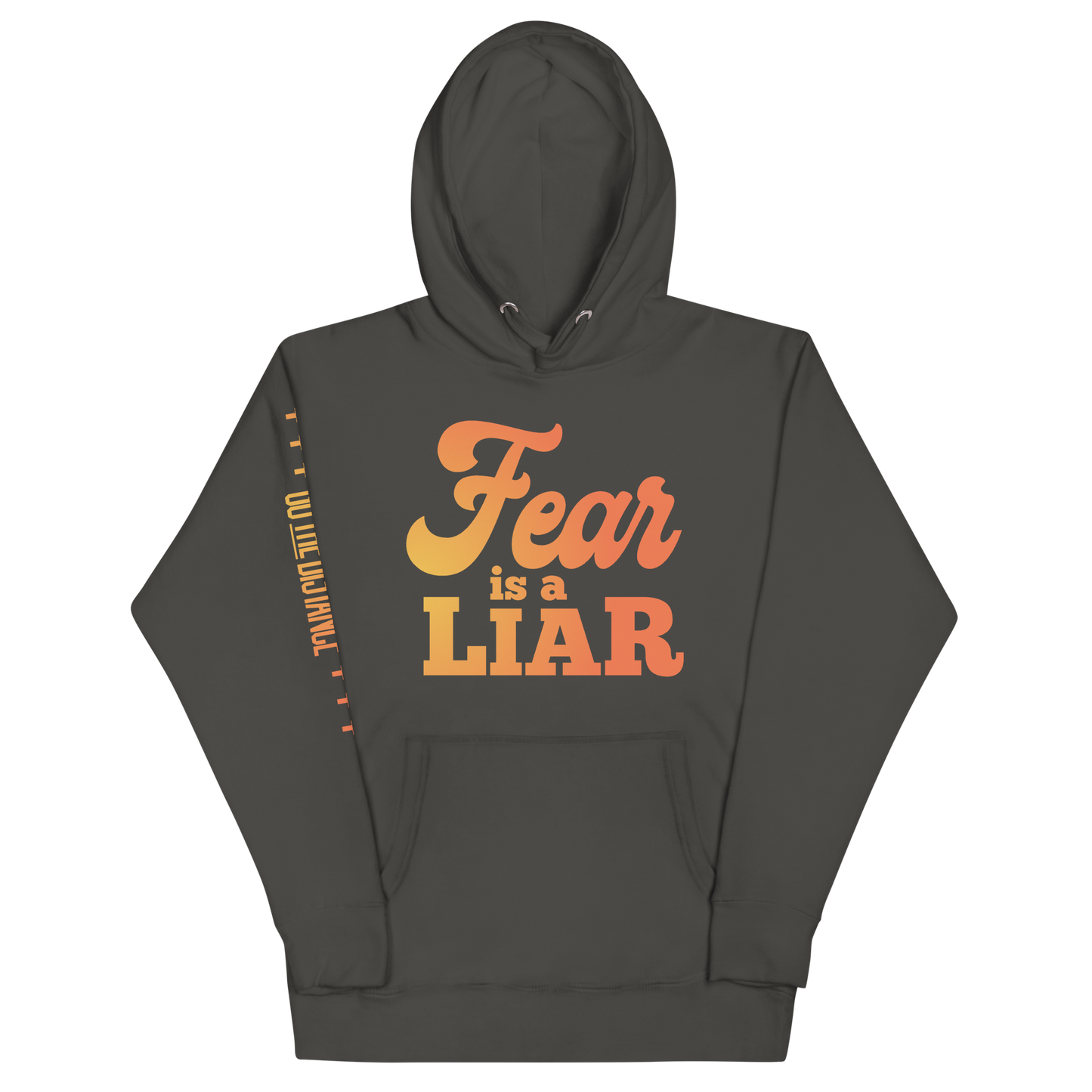 Fear Is A Liar Premium Hoodie | Front view, vintage black color – Inspirational & Faith-Based Apparel