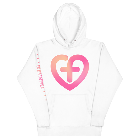 Love Starts Here Premium Hoodie | Front view, white color – Love & Faith-Based Apparel
