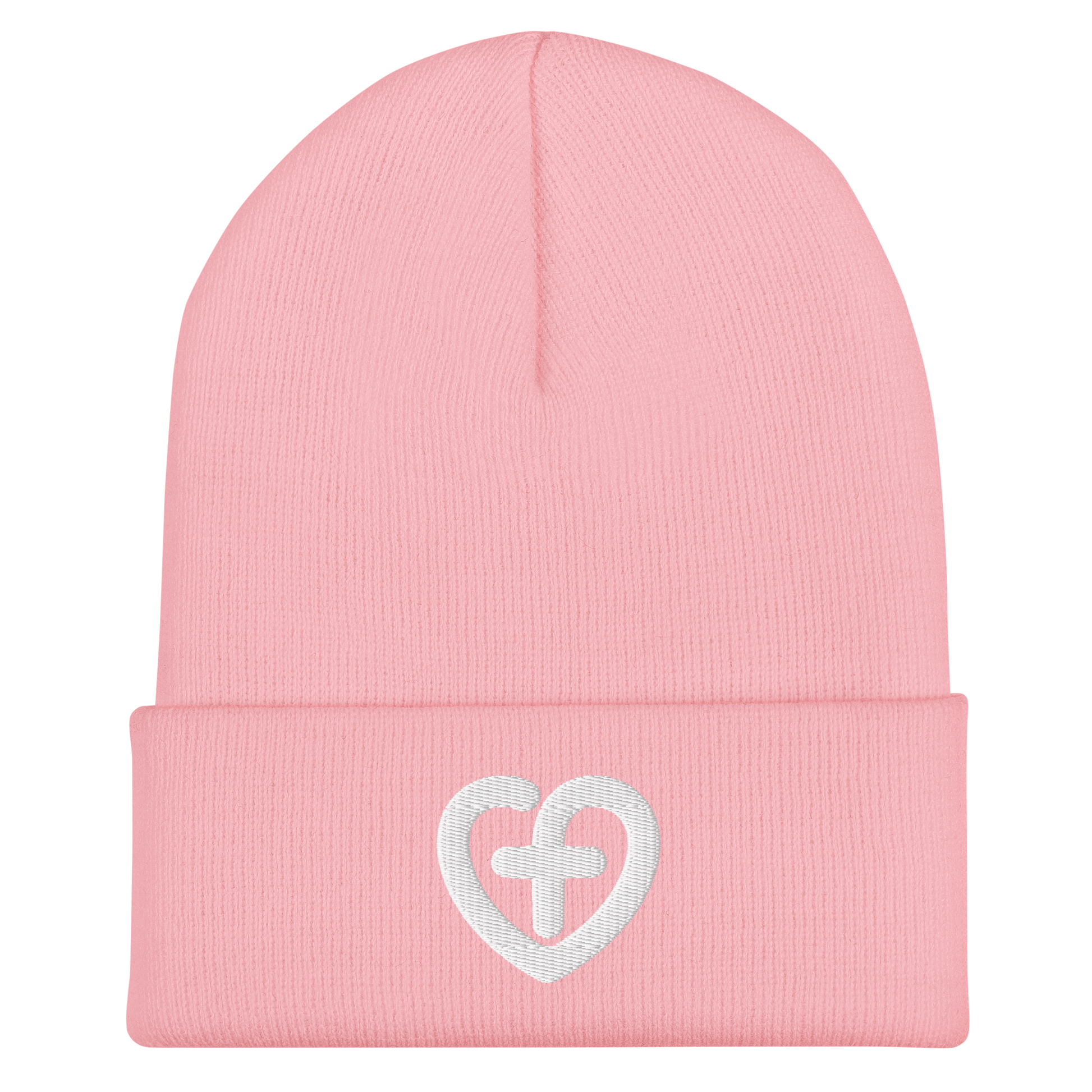 Love Starts Here Cuffed Beanie | Front view, baby pink color – Love & Faith-Based Apparel