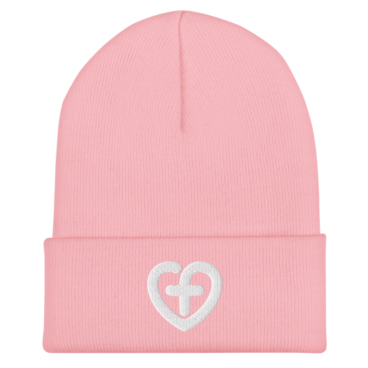Love Starts Here Cuffed Beanie | Front view, baby pink color – Love & Faith-Based Apparel