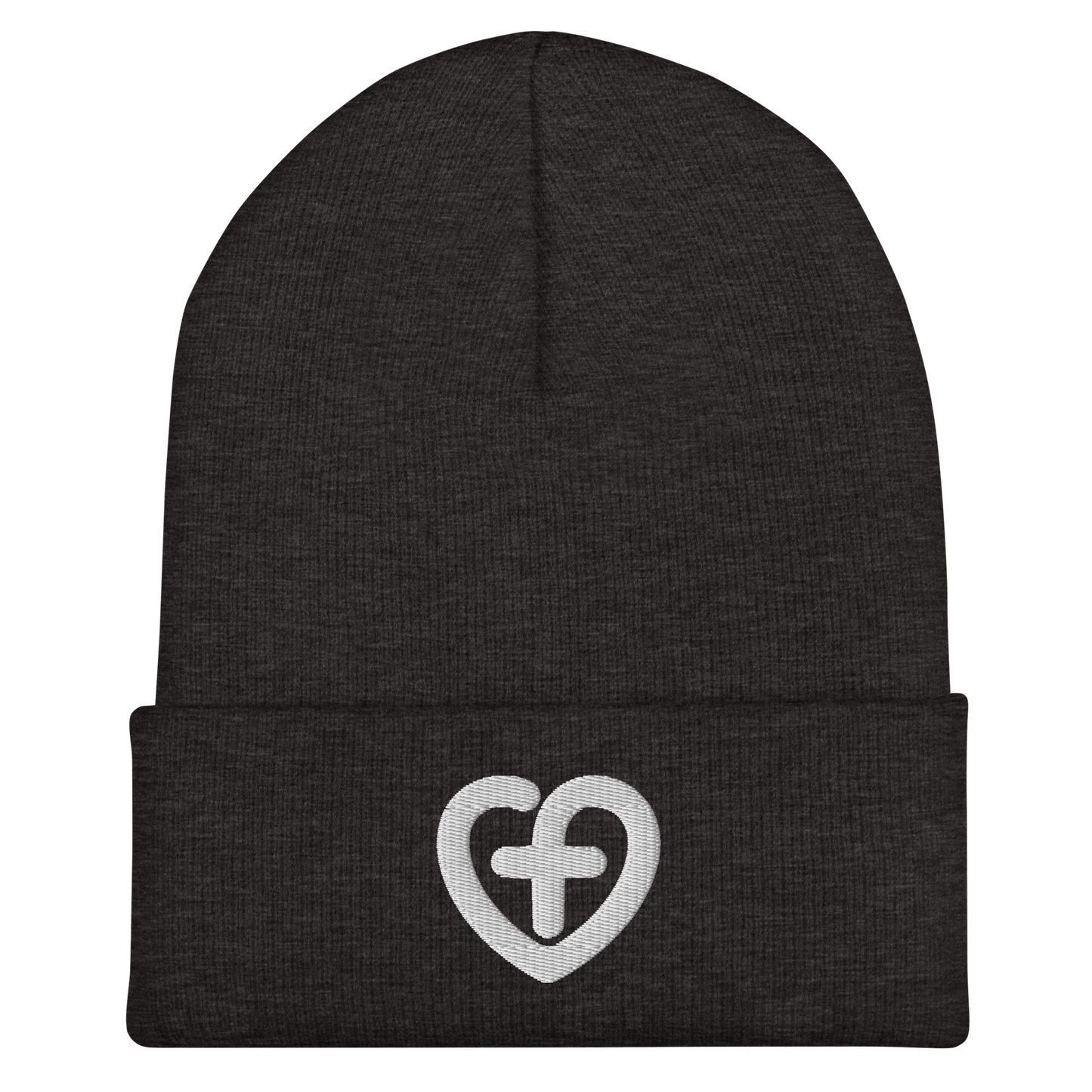 Love Starts Here Cuffed Beanie | Front view, charcoal grey color – Love & Faith-Based Apparel