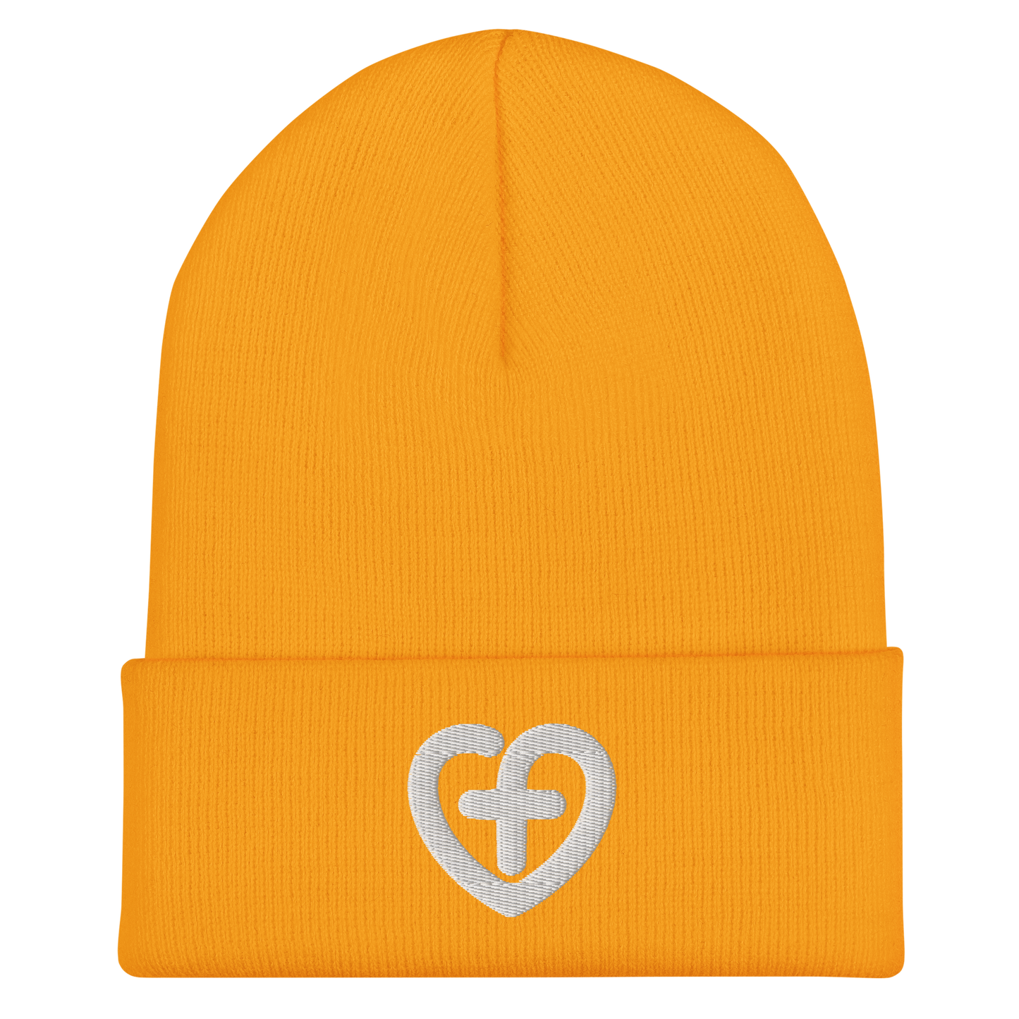 Love Starts Here Cuffed Beanie | Front view, bright gold color – Love & Faith-Based Apparel