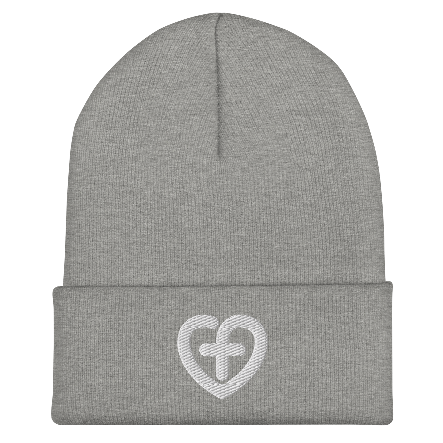 Love Starts Here Cuffed Beanie | Front view, heather grey color – Love & Faith-Based Apparel