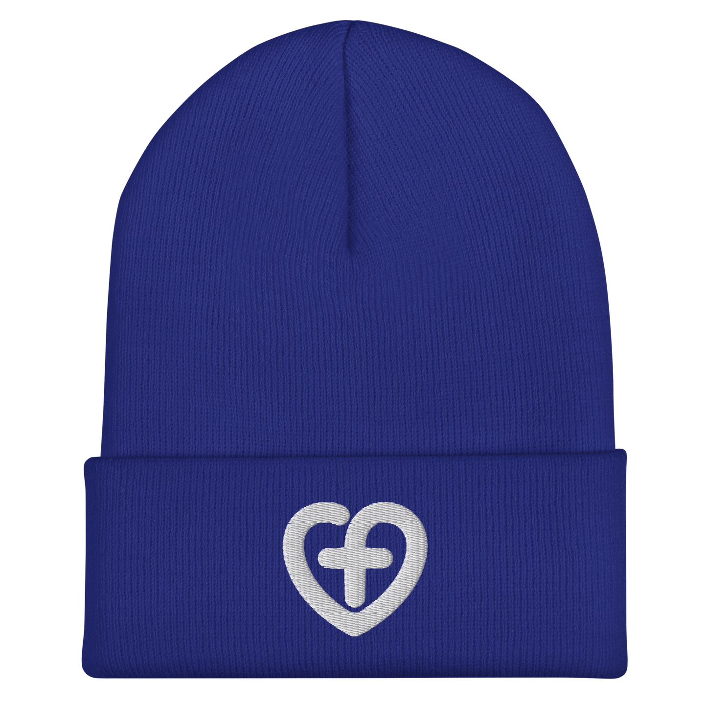 Love Starts Here Cuffed Beanie | Front view, royal blue color – Love & Faith-Based Apparel