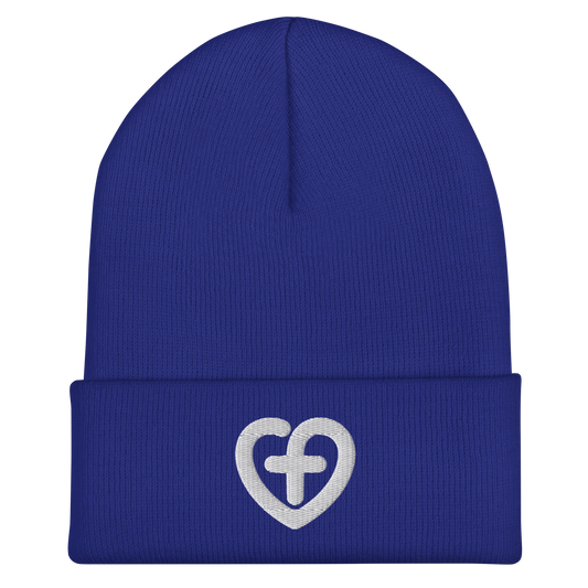 Love Starts Here Cuffed Beanie | Front view, royal blue color – Love & Faith-Based Apparel