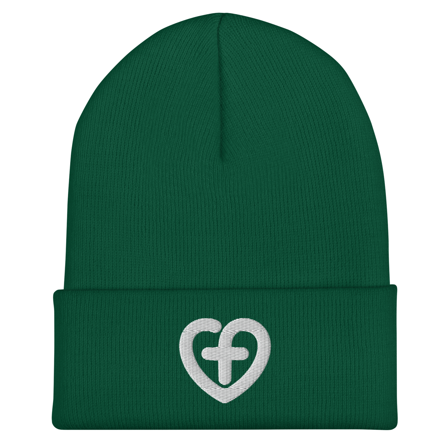 Love Starts Here Cuffed Beanie | Front view, green color – Love & Faith-Based Apparel
