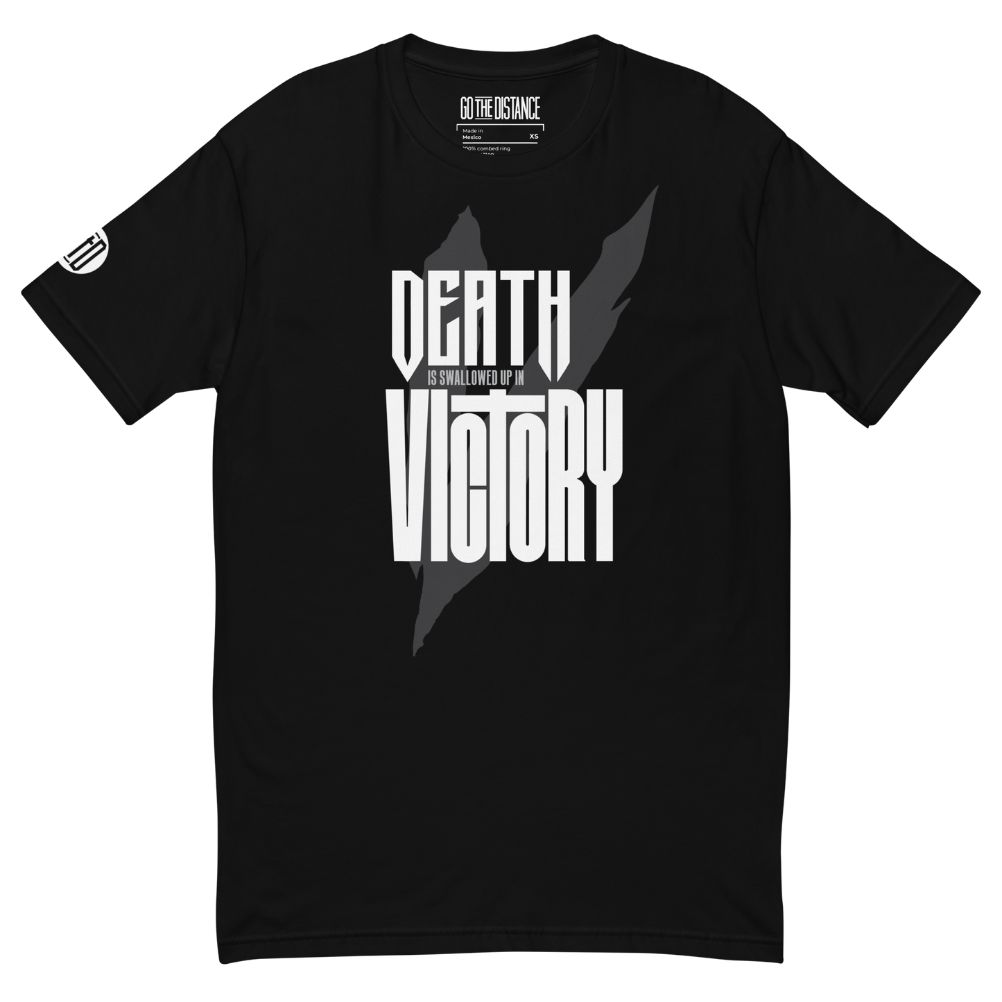 Death Is Swallowed Up In Victory T-Shirt | Front view, black color – Inspirational & Faith-Based Apparel