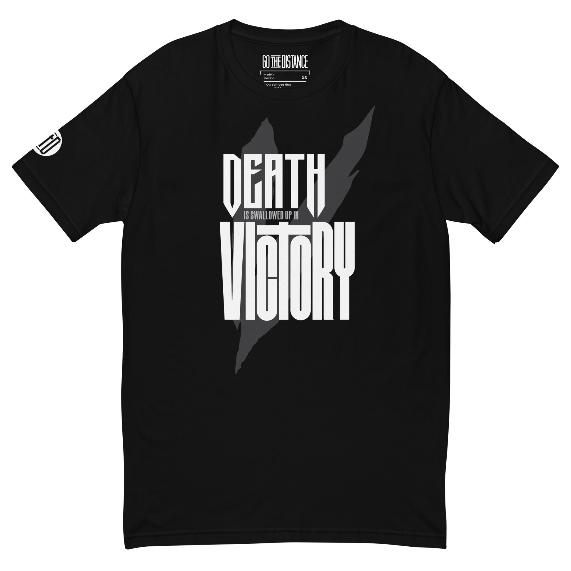 Death Is Swallowed Up In Victory T-Shirt | Front view, black color – Inspirational & Faith-Based Apparel
