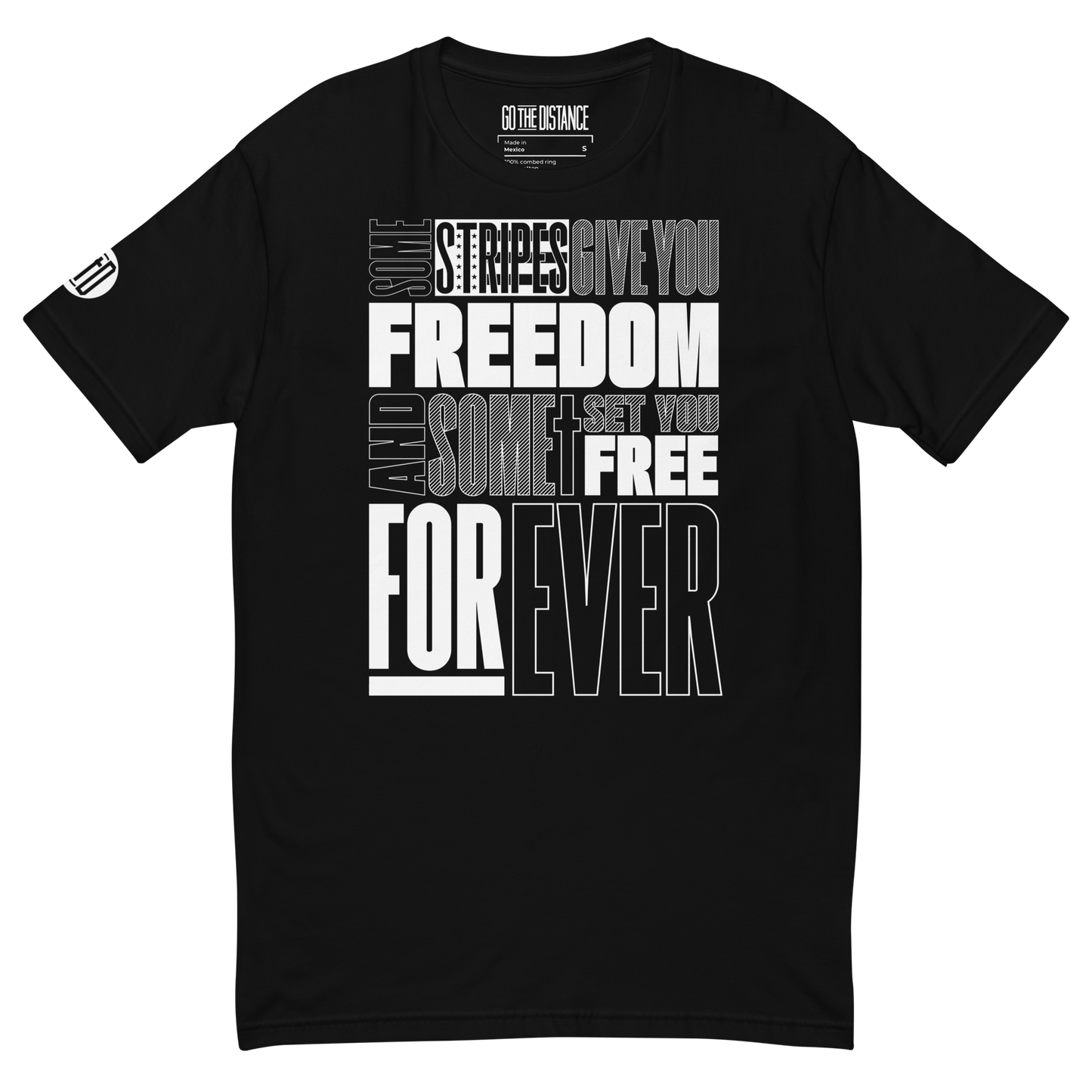 Stripes of Freedom T-Shirt | Front view, black color – Inspirational & Faith-Based Apparel
