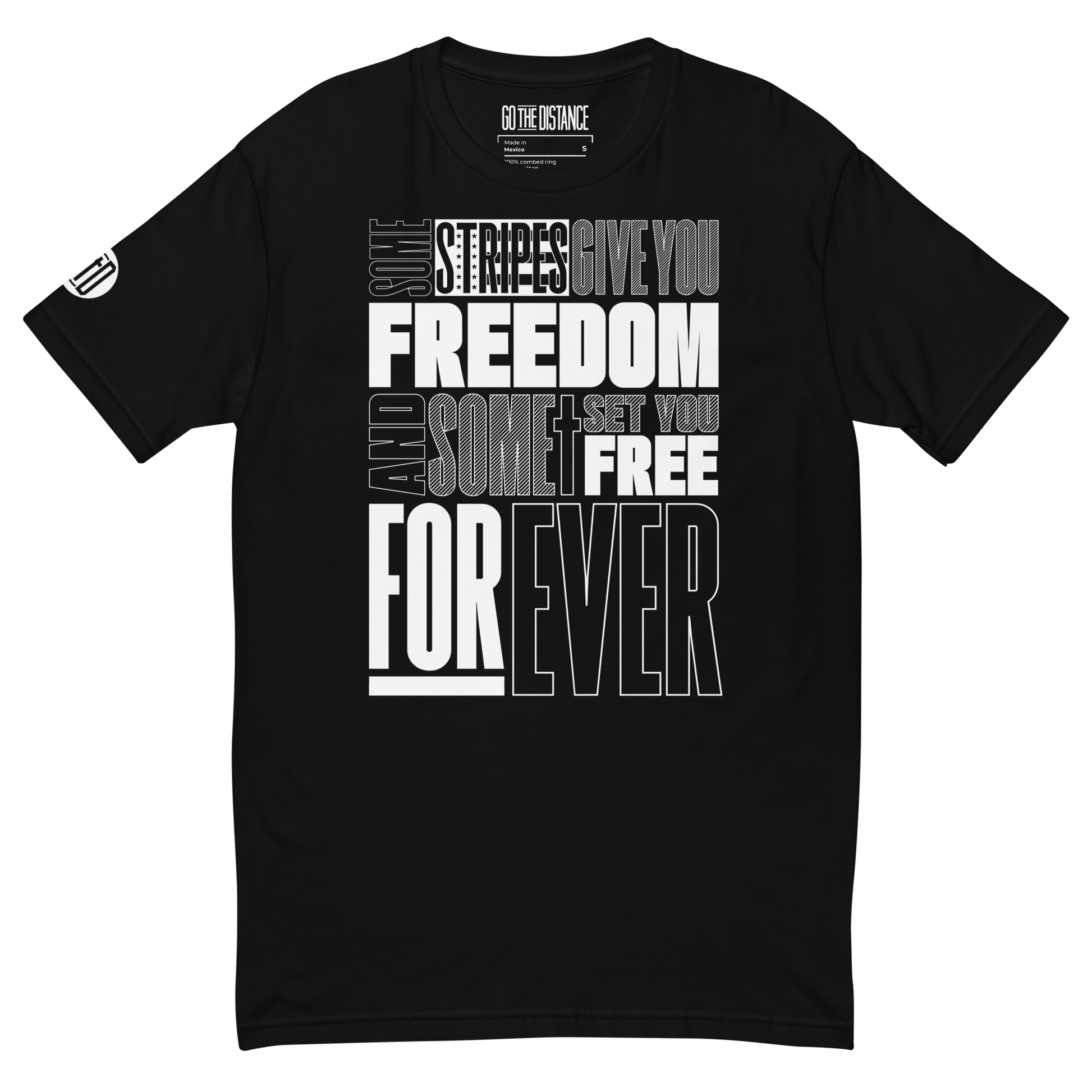 Stripes of Freedom T-Shirt | Front view, black color – Inspirational & Faith-Based Apparel