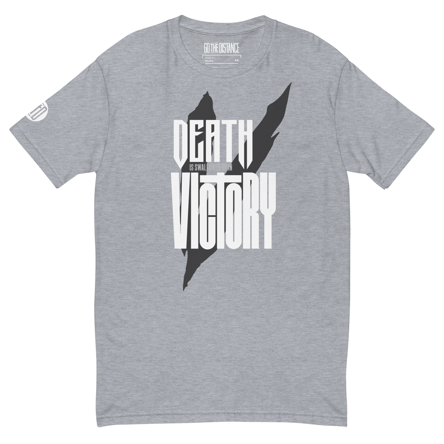 Death Is Swallowed Up In Victory T-Shirt | Front view, heather grey color – Inspirational & Faith-Based Apparel