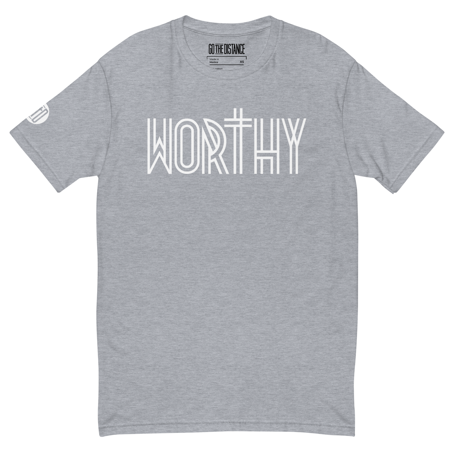 Worthy T-Shirt | Front view, heather grey color – Inspirational & Faith-Based Apparel