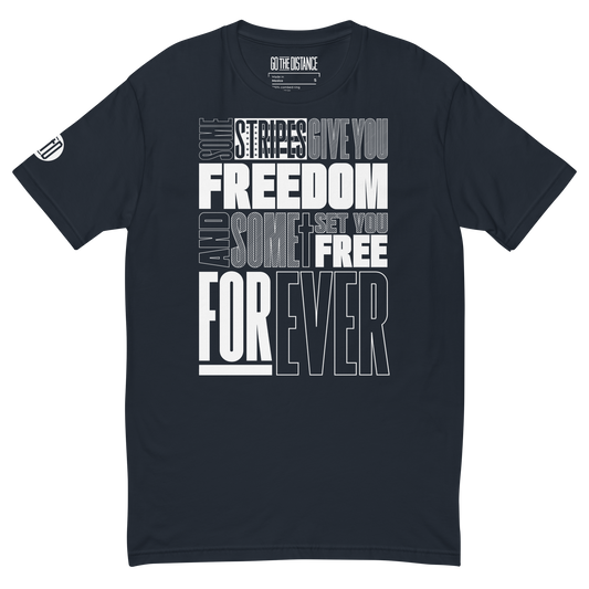 Stripes of Freedom T-Shirt | Front view, navy blue color – Inspirational & Faith-Based Apparel
