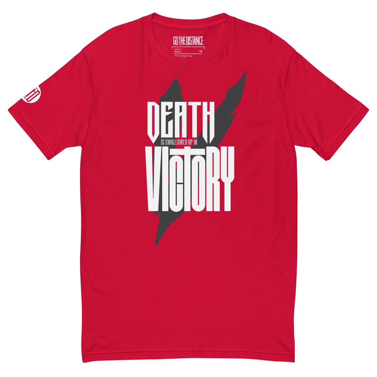 Death Is Swallowed Up In Victory T-Shirt | Front view, red color – Inspirational & Faith-Based Apparel