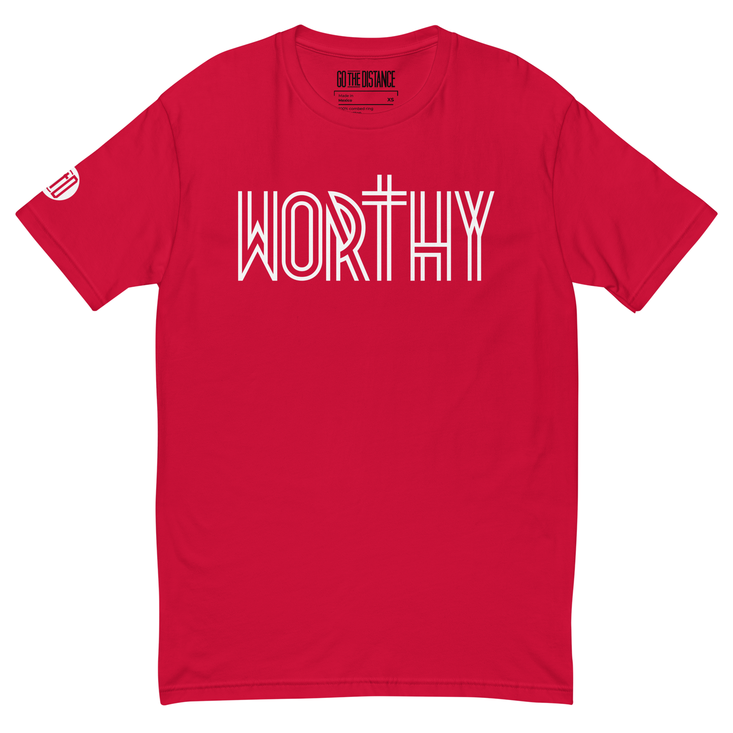 Worthy T-Shirt | Front view, red color – Inspirational & Faith-Based Apparel