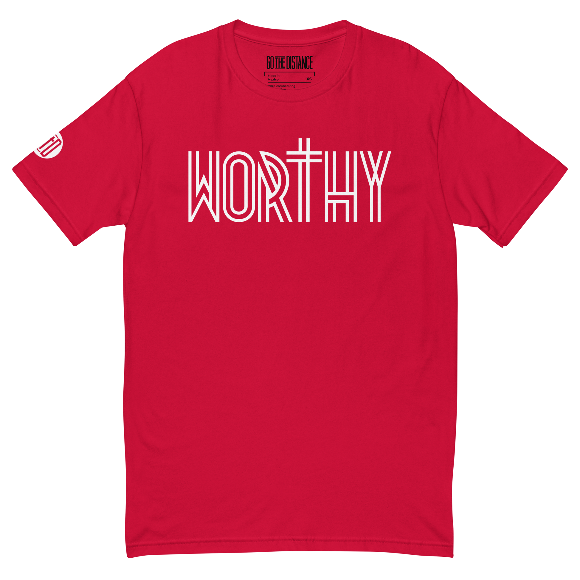 Worthy T-Shirt | Front view, red color – Inspirational & Faith-Based Apparel